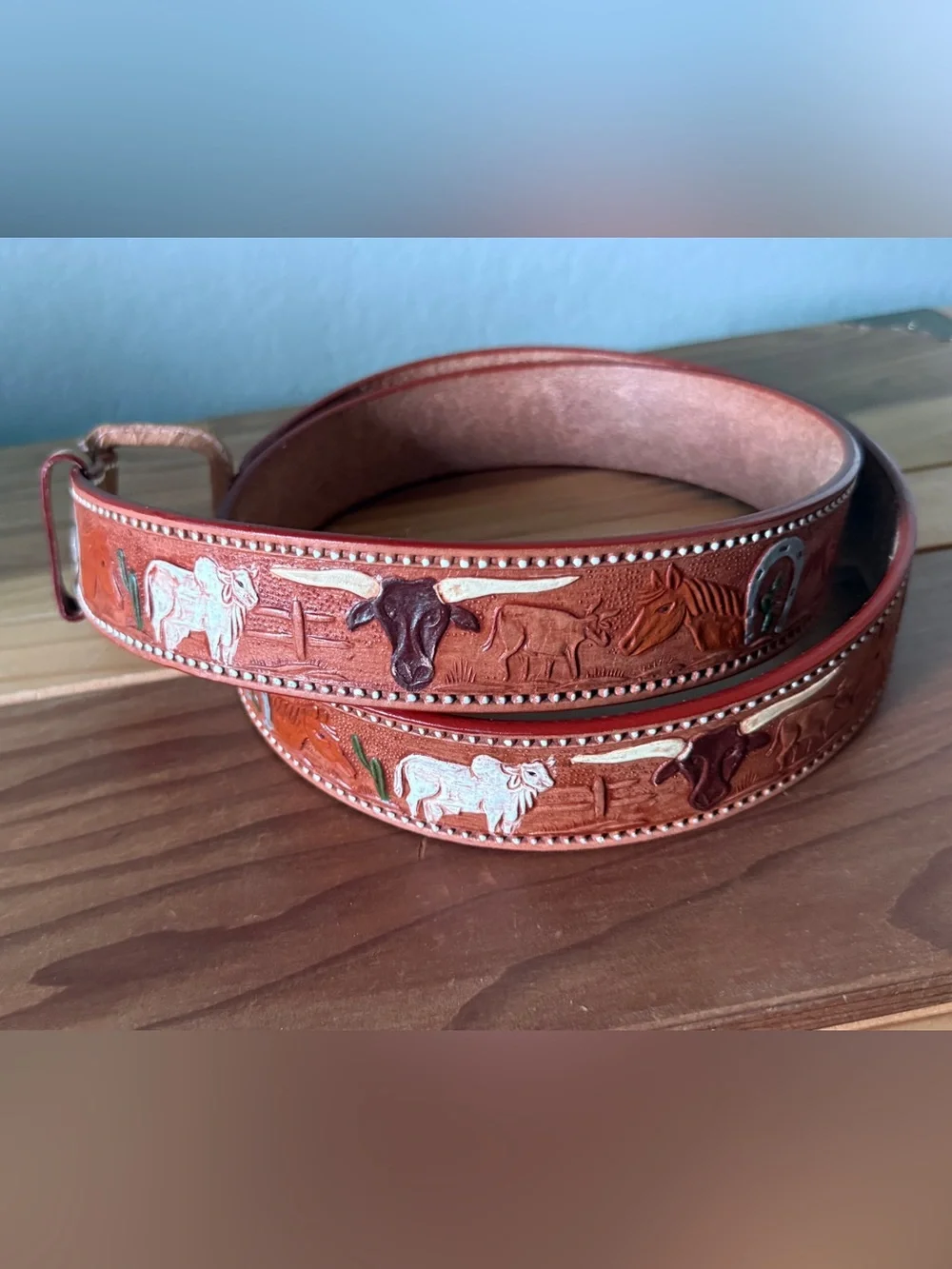 Vintage Western Tooled Leather Belt Size 42 Horse Cow Cactus Horseshoe 48in